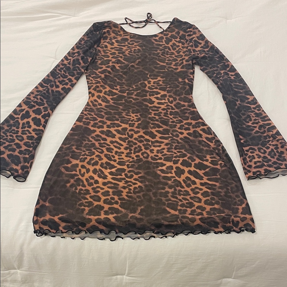 White Fox size medium indulge me Leopard Print Flare Sleeve mini Dress